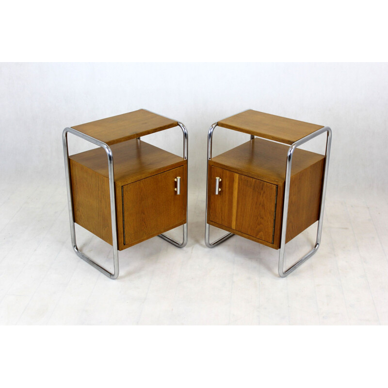 Paire de tables de chevet vintage Bauhaus en acier tubulaire chromé par Robert Slezak, Tchécoslovaquie 1940