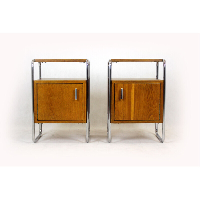 Pair of vintage Bauhaus chromed tubular steel night stands by Robert Slezak, Czechoslovakia 1940s