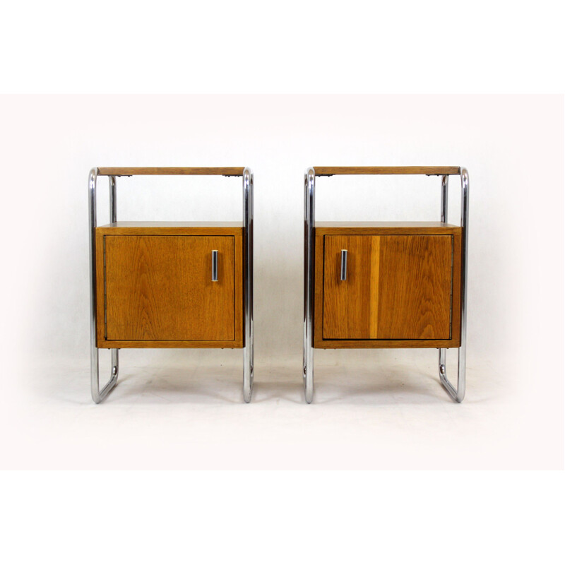 Paire de tables de chevet vintage Bauhaus en acier tubulaire chromé par Robert Slezak, Tchécoslovaquie 1940