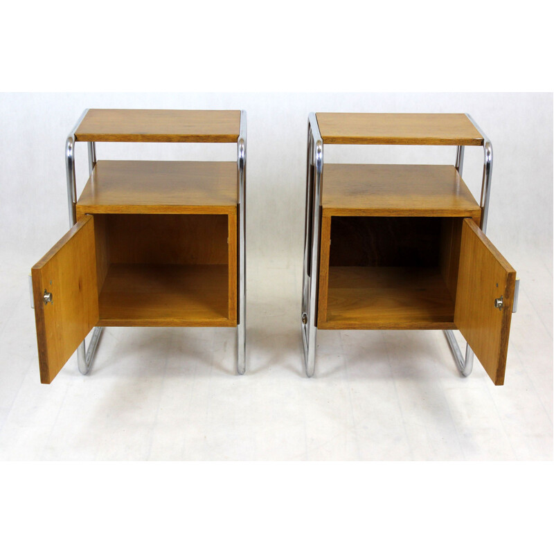 Pair of vintage Bauhaus chromed tubular steel night stands by Robert Slezak, Czechoslovakia 1940s