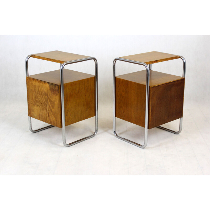 Pair of vintage Bauhaus chromed tubular steel night stands by Robert Slezak, Czechoslovakia 1940s