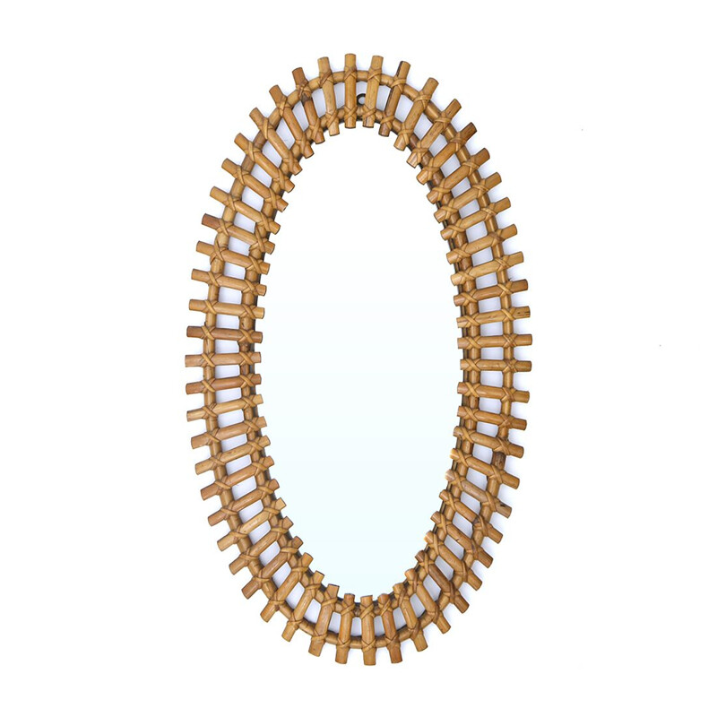 Vintage oval mirror with rattan frame, 1950s