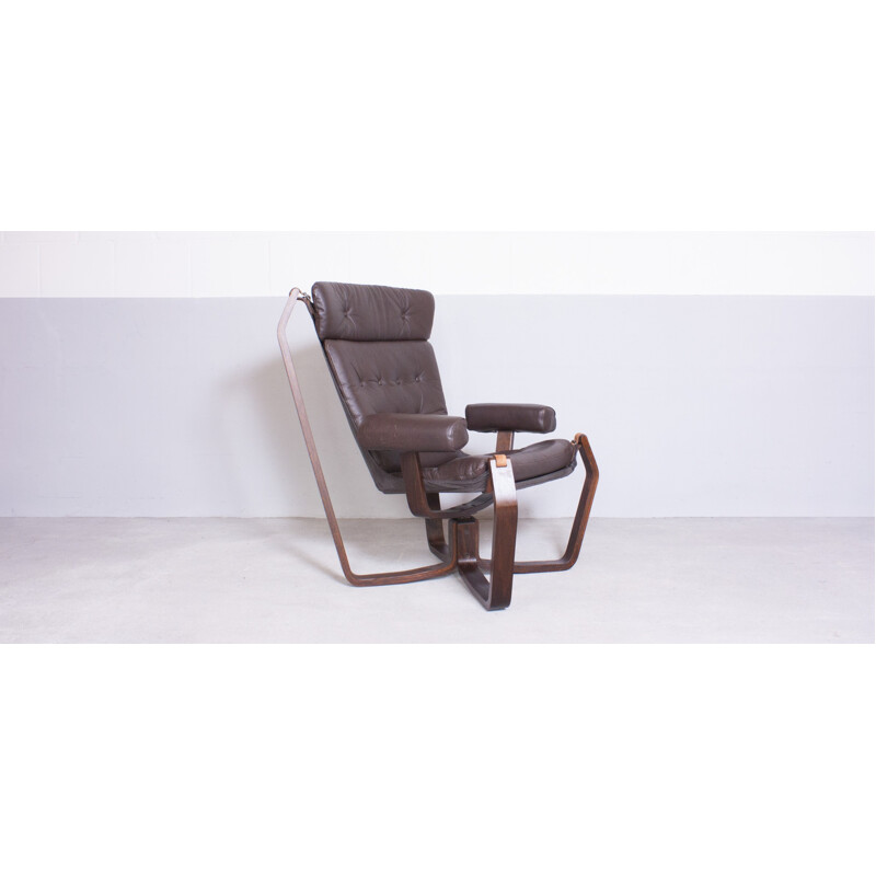 Norwegian "Falcon" chair in plywood and dark brown leather - 1960s