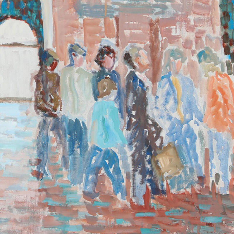 Vintage "Hovedbanen" (The Central Station) oil oncanvas by Ellen Krause, 1984