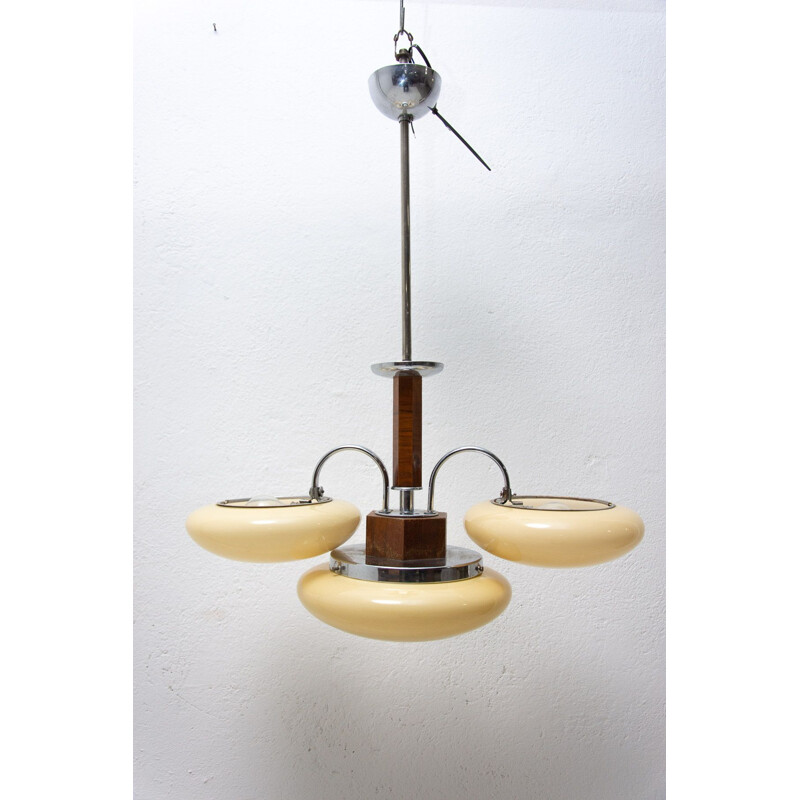 Lampadario vintage art déco in legno e cromo, 1930