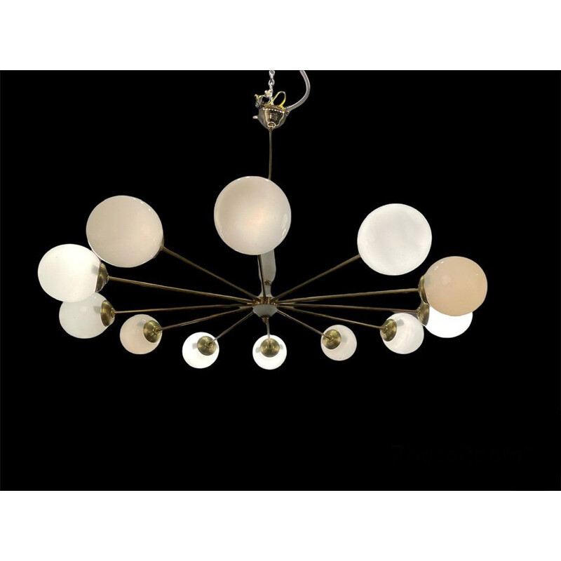 Opaline glass & brass vintage sputnik chandelier with 12 lights, 1970s