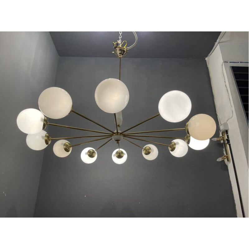 Opaline glass & brass vintage sputnik chandelier with 12 lights, 1970s