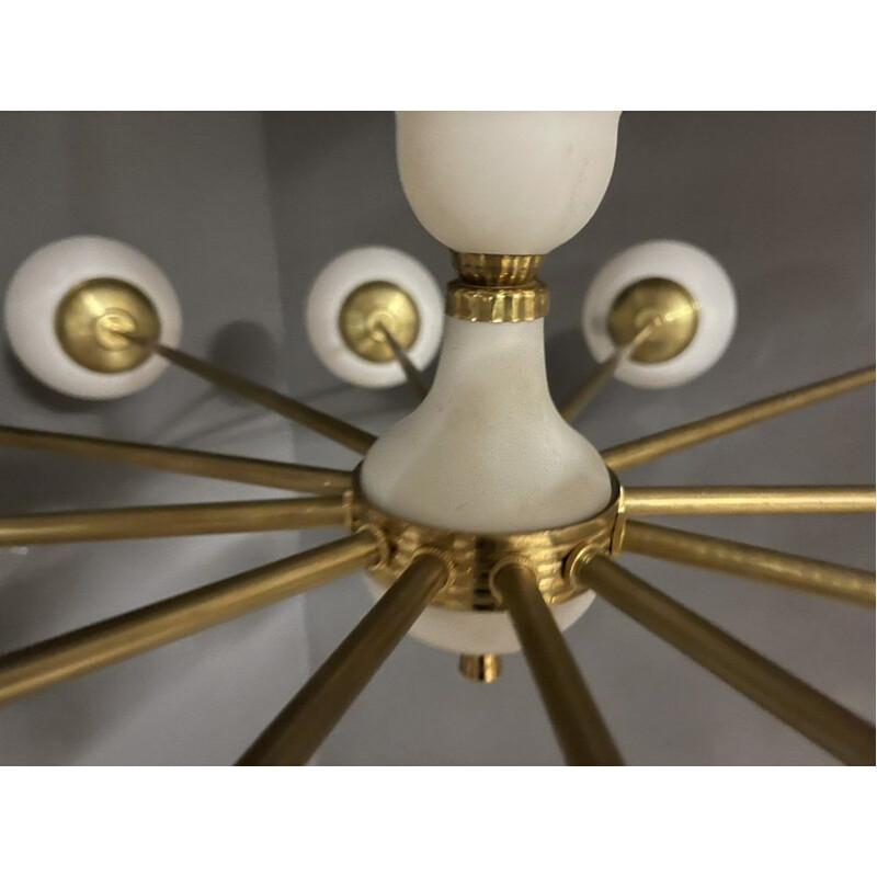 Opaline glass & brass vintage sputnik chandelier with 12 lights, 1970s