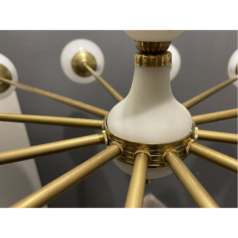 Opaline glass & brass vintage sputnik chandelier with 12 lights, 1970s