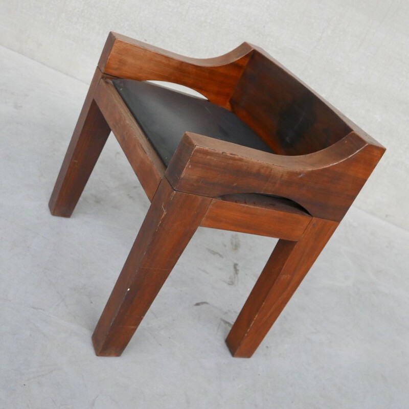 Chaise vintage en bois et cuir, Belgique 1950