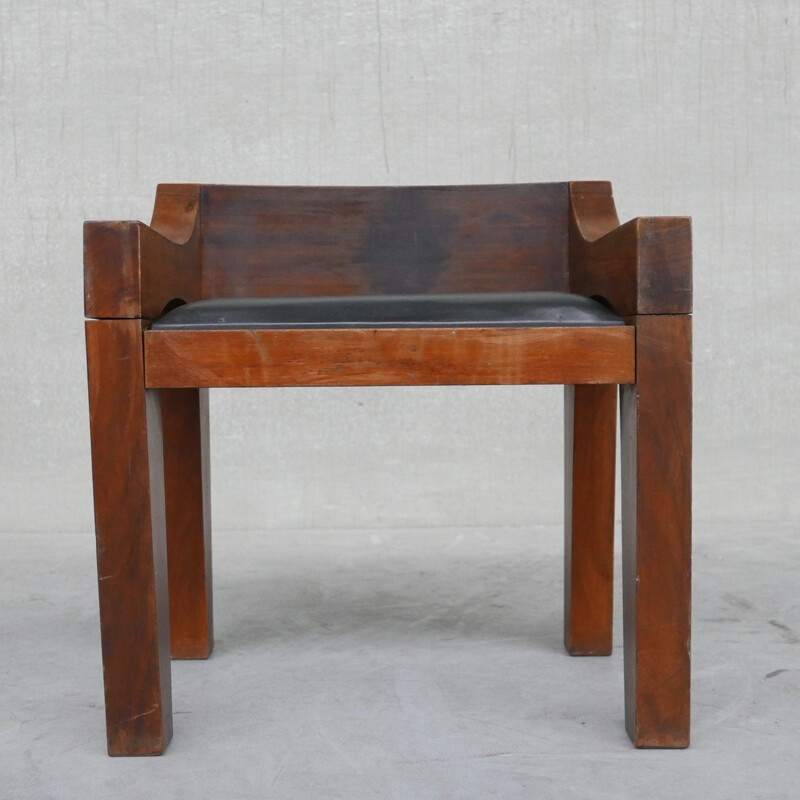 Vintage houten en lederen stoel, België 1950