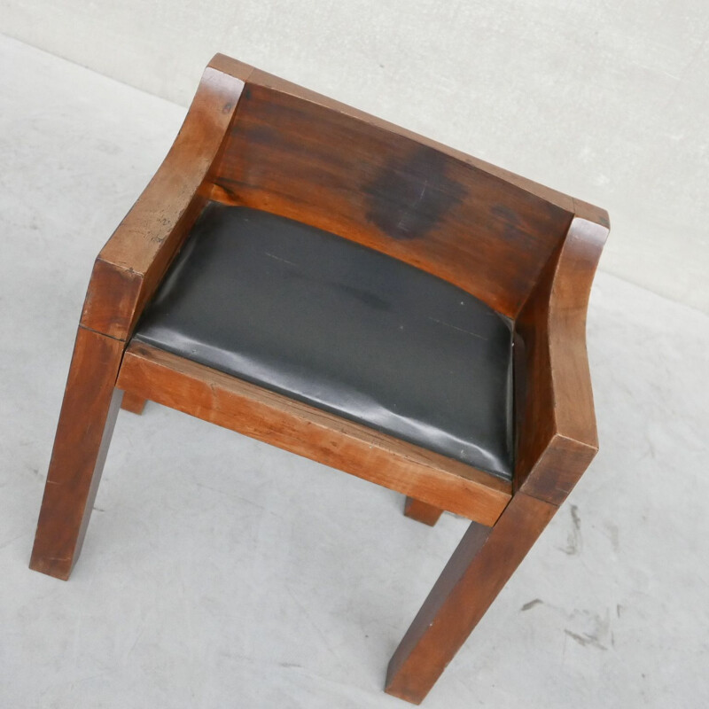 Cadeira em madeira e couro Vintage, Bélgica 1950