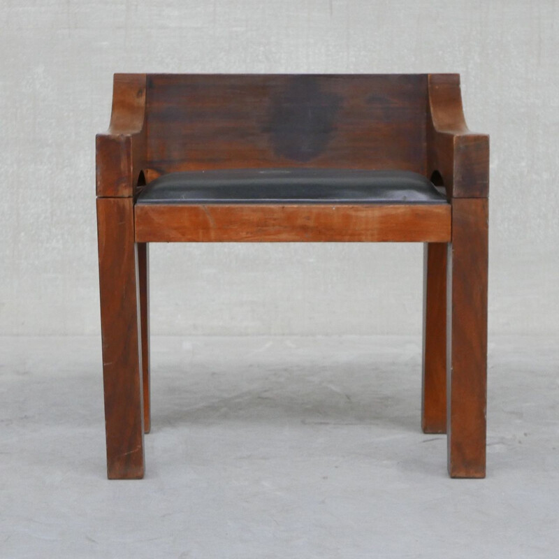 Cadeira em madeira e couro Vintage, Bélgica 1950