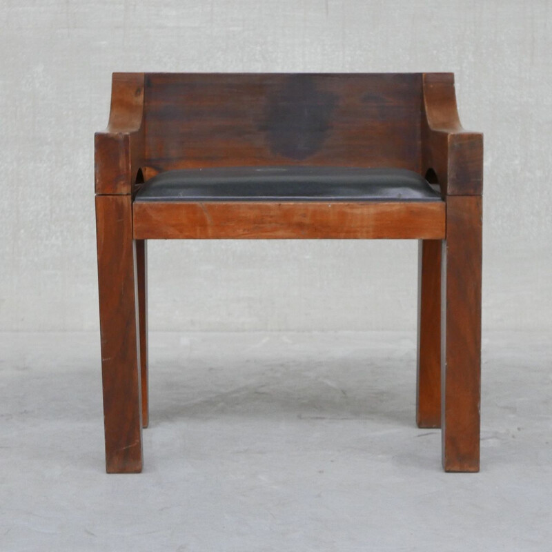 Vintage wood and leather chair, Belgium 1950