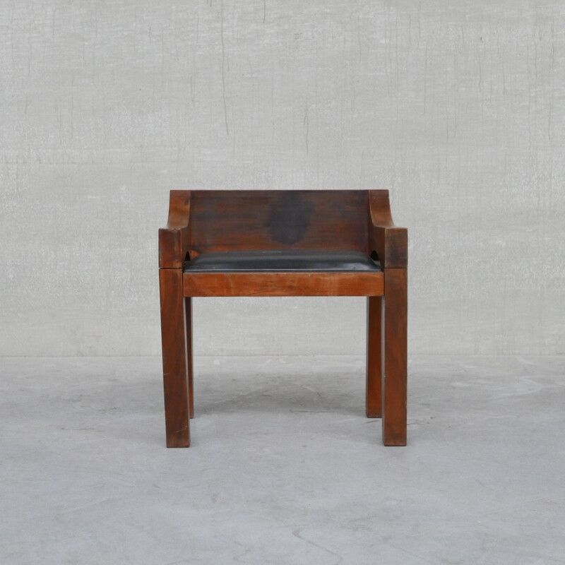 Vintage wood and leather chair, Belgium 1950