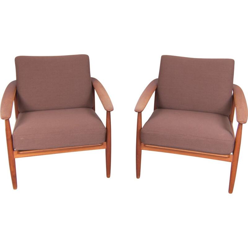 Pair of lounge chairs in teak and fabric, Walter KNOLL - 1950s