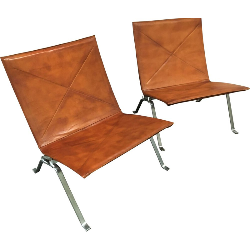 Pair of vintage steel armchairs model PK22 by Poul Kjærholm for Kold Christensen, 1950