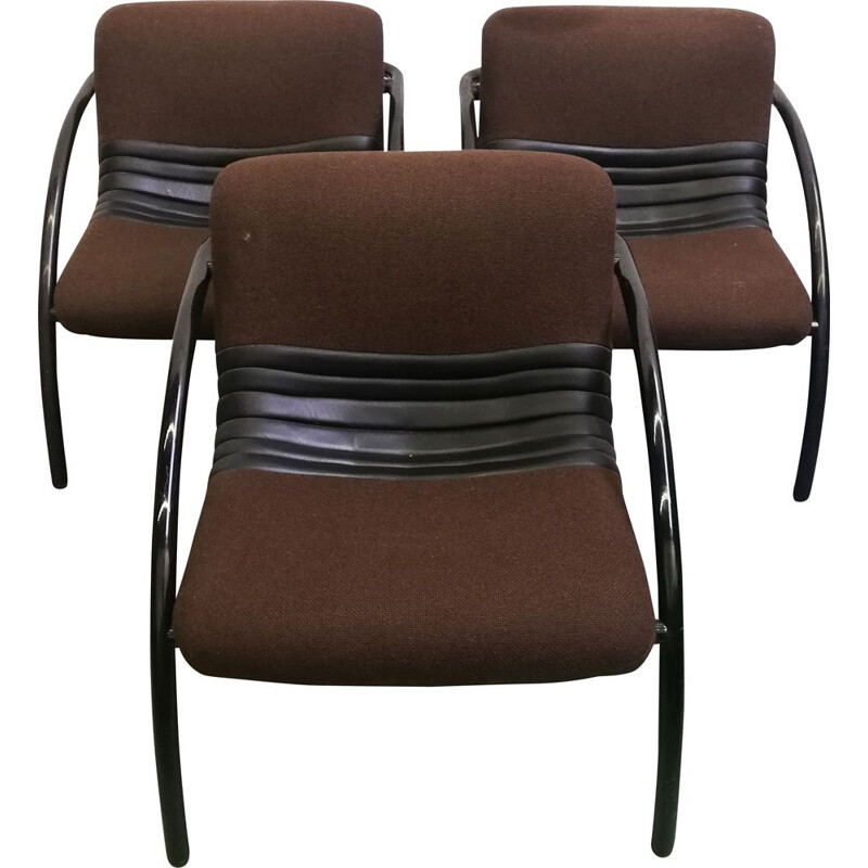 Vintage Airborne armchair in brown fabric and black skai stripes