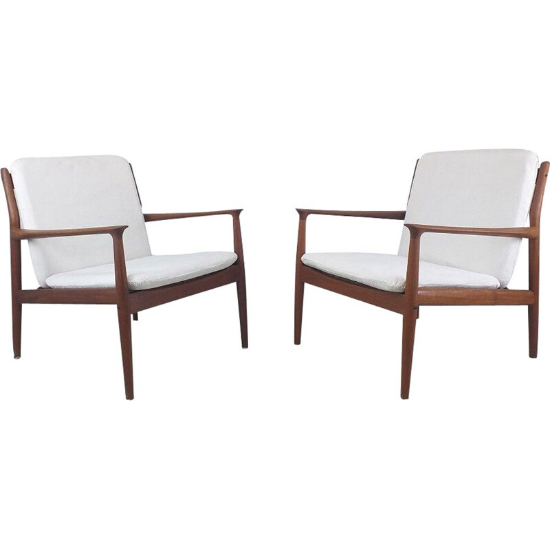 Pair of vintage scandinavian solid teak and fabric armchairs by S.A. Eriksen, 1960
