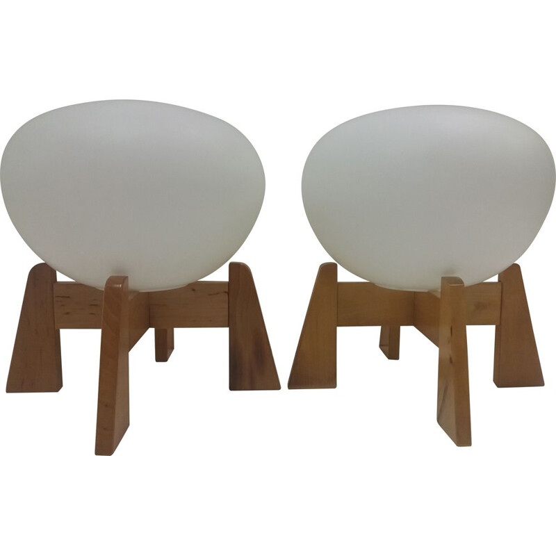 Pair of vintage lamps in opaline glass and wood for Uluv, Czechoslovakia 1960