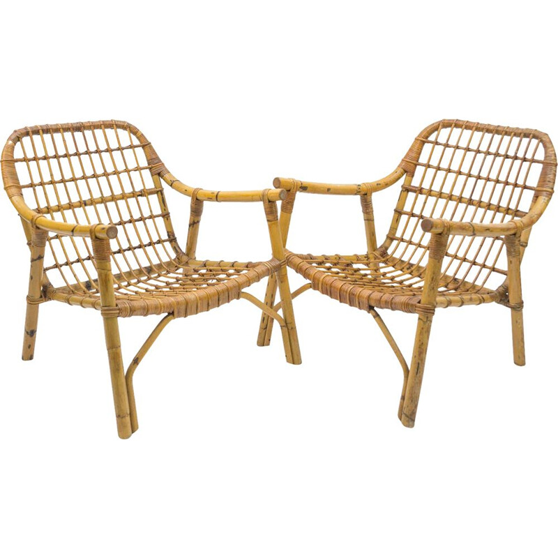 Pair of vintage bamboo and rattan armchairs, Italy 1950