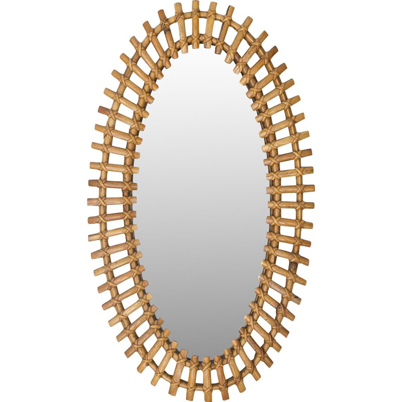 Vintage oval mirror with rattan frame, 1950s