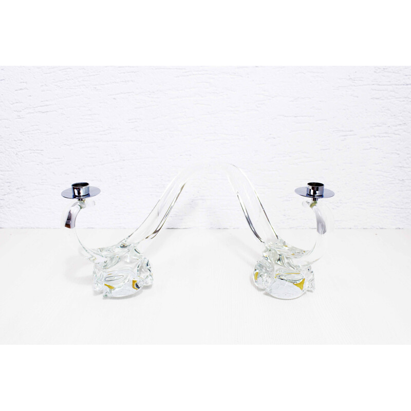 Pair of vintage glass candlesticks and metal base Schneider style, France 1950