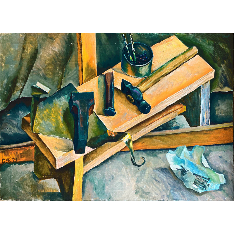 Vintage painting The Tools by Farkhat Sabirzyanov, Russia 1933s