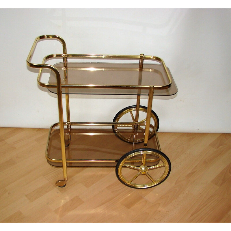 Chariot de bar mobile vintage en métal laiton et en verre, 1970