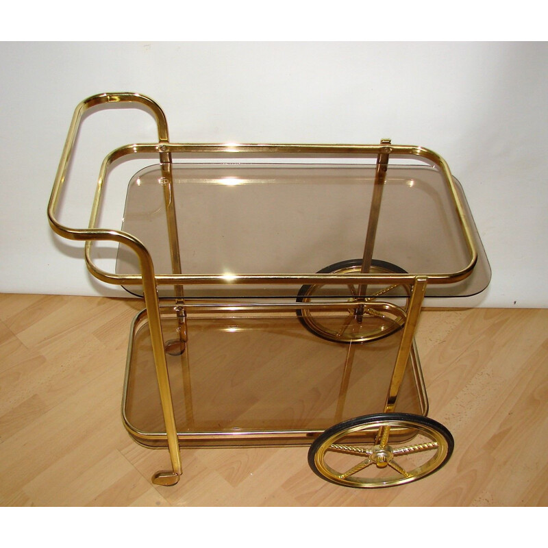 Vintage mobile bar cart of brass metal and glass, 1970s