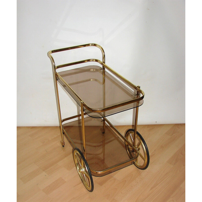 Vintage mobile bar cart of brass metal and glass, 1970s
