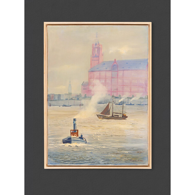 Vintage oil on canvas Hamburg Harbour, 1950