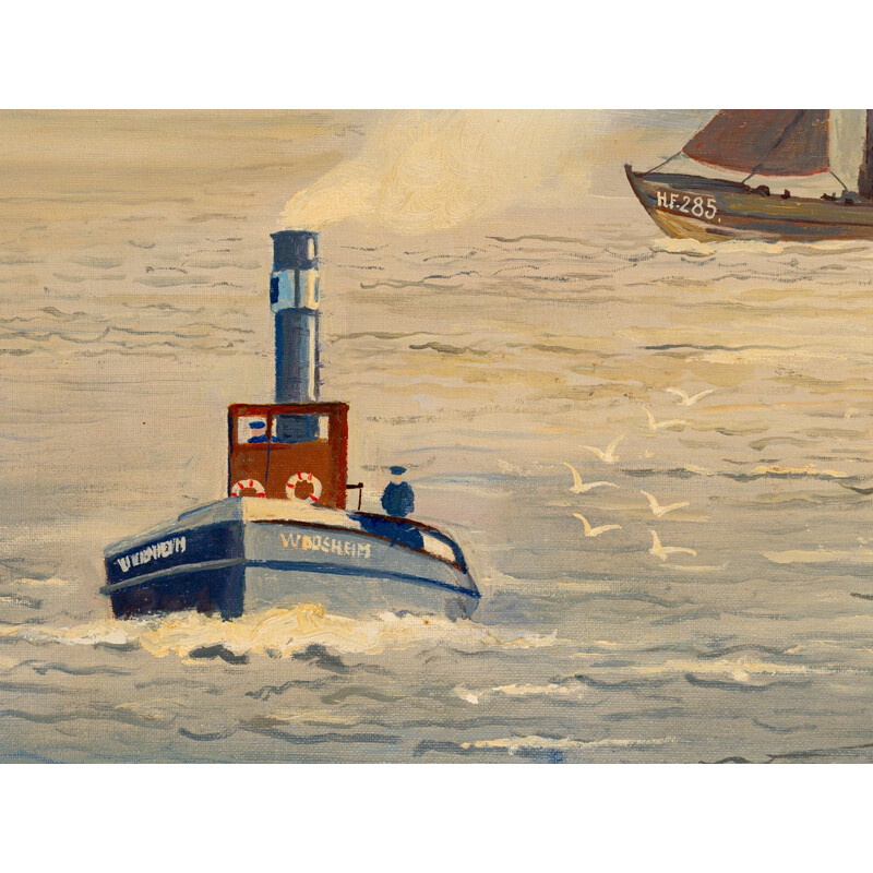 Vintage oil on canvas Hamburg Harbour, 1950