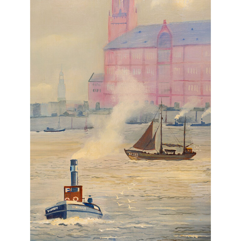 Huile sur toile vintage Hamburg Harbour, 1950