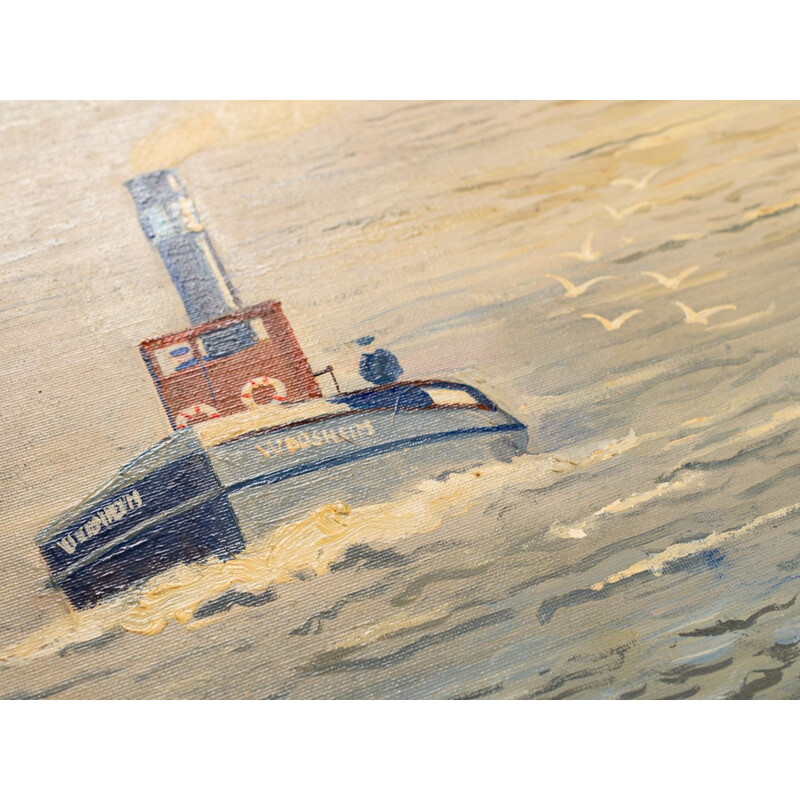 Vintage oil on canvas Hamburg Harbour, 1950