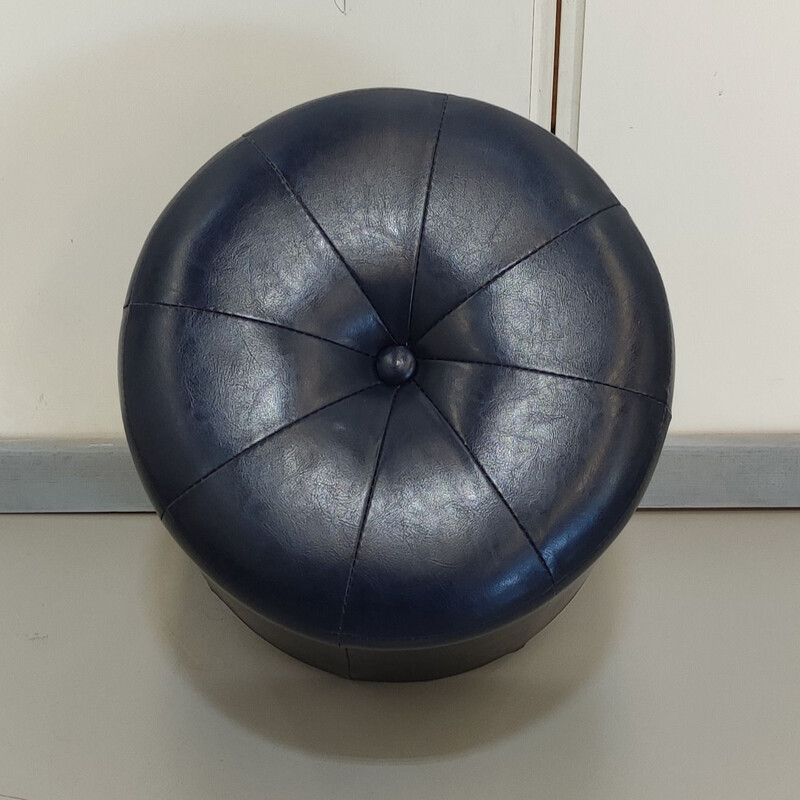 Vintage navy blue faux leather pouffe, 1970