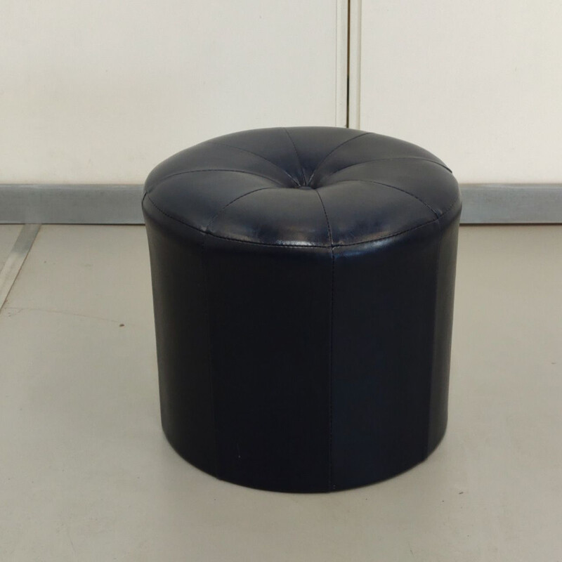 Pouf vintage en faux cuir bleu marine, 1970