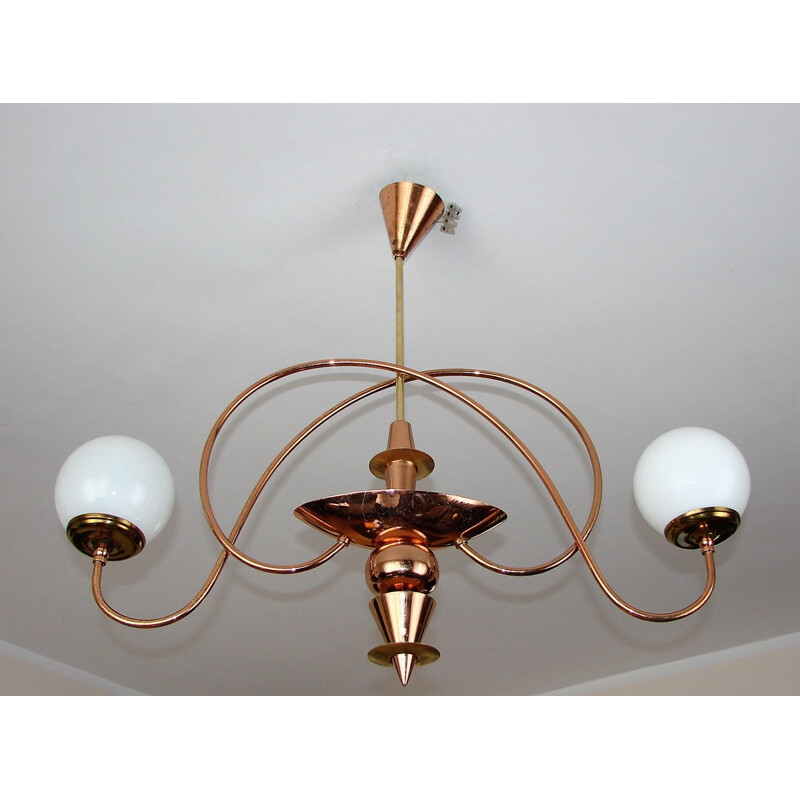 Mid century chandelier made of brass steel and glass, 1960s
