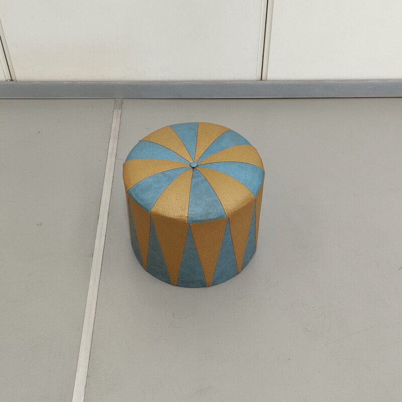 Pouf vintage en faux cuir gaufré bleu et beige, 1970