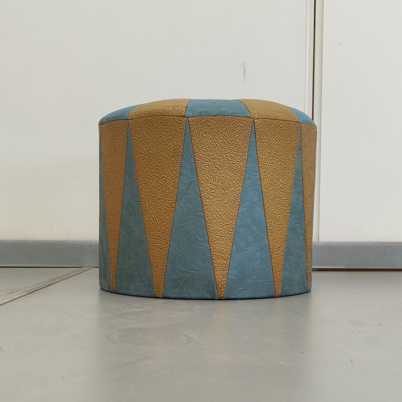 Pouf vintage en faux cuir gaufré bleu et beige, 1970