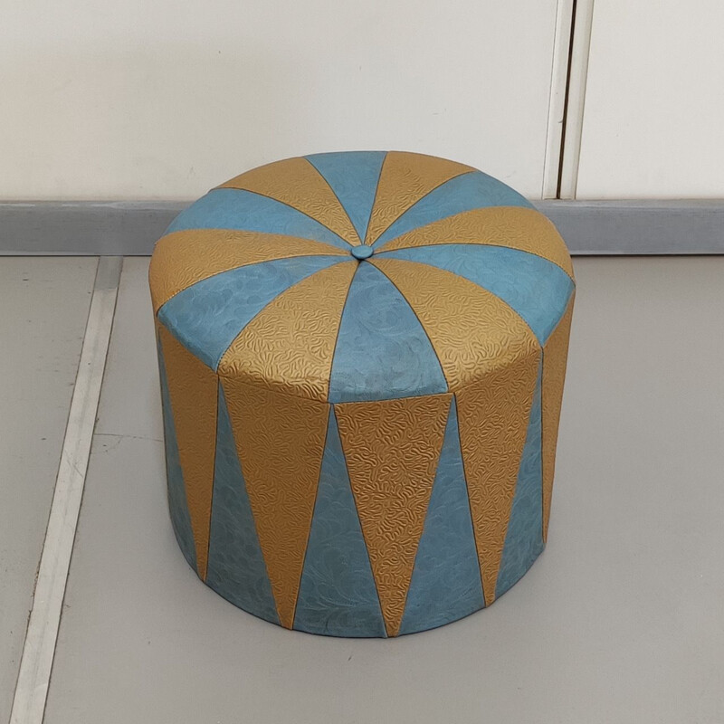 Pouf vintage en faux cuir gaufré bleu et beige, 1970