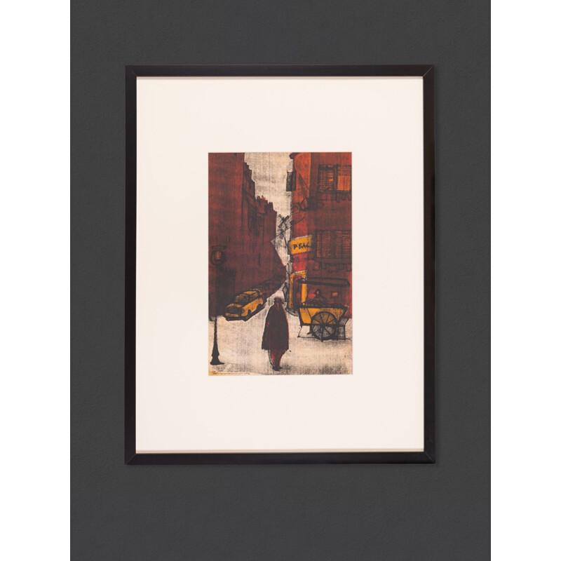 Vintage painting "New York street scene", 1970