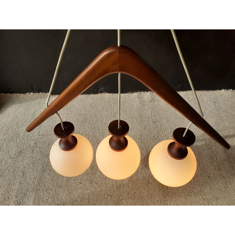 Vintage French teak and opal glass chandelier by Rispal, 1960s
