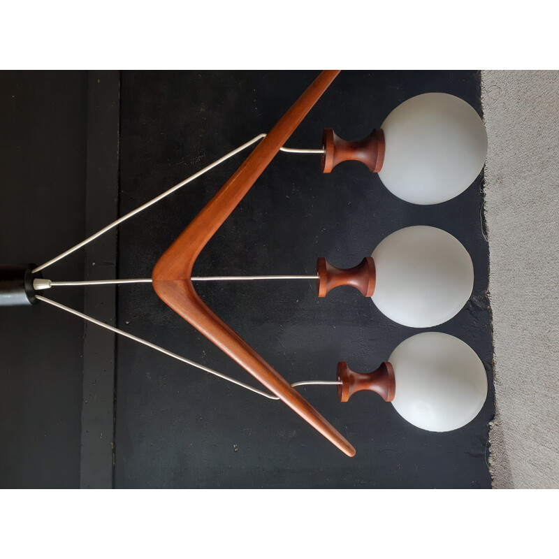 Vintage French teak and opal glass chandelier by Rispal, 1960s
