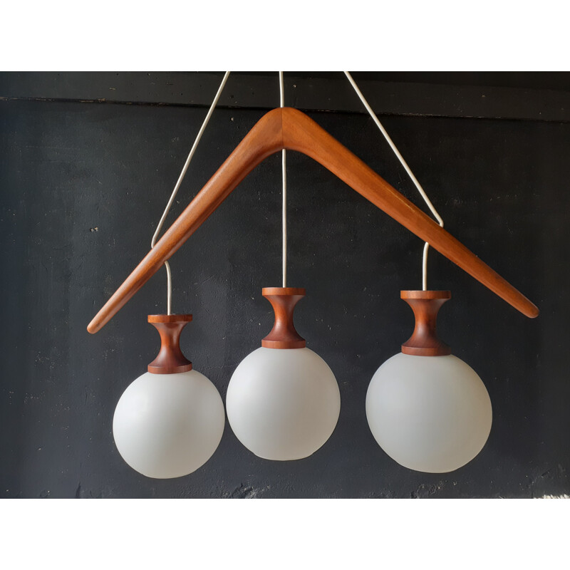 Vintage French teak and opal glass chandelier by Rispal, 1960s