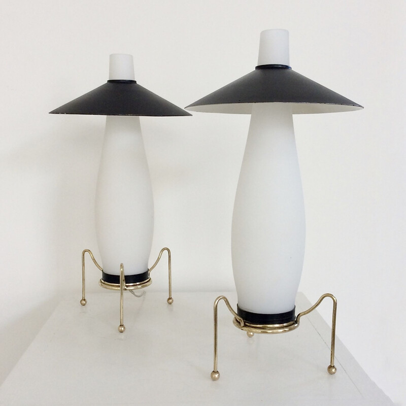 Pair of vintage opaline night stand lamps, Italy 1950