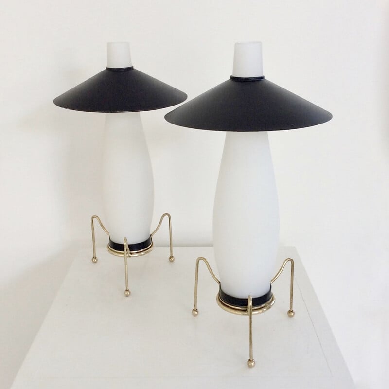 Pair of vintage opaline night stand lamps, Italy 1950