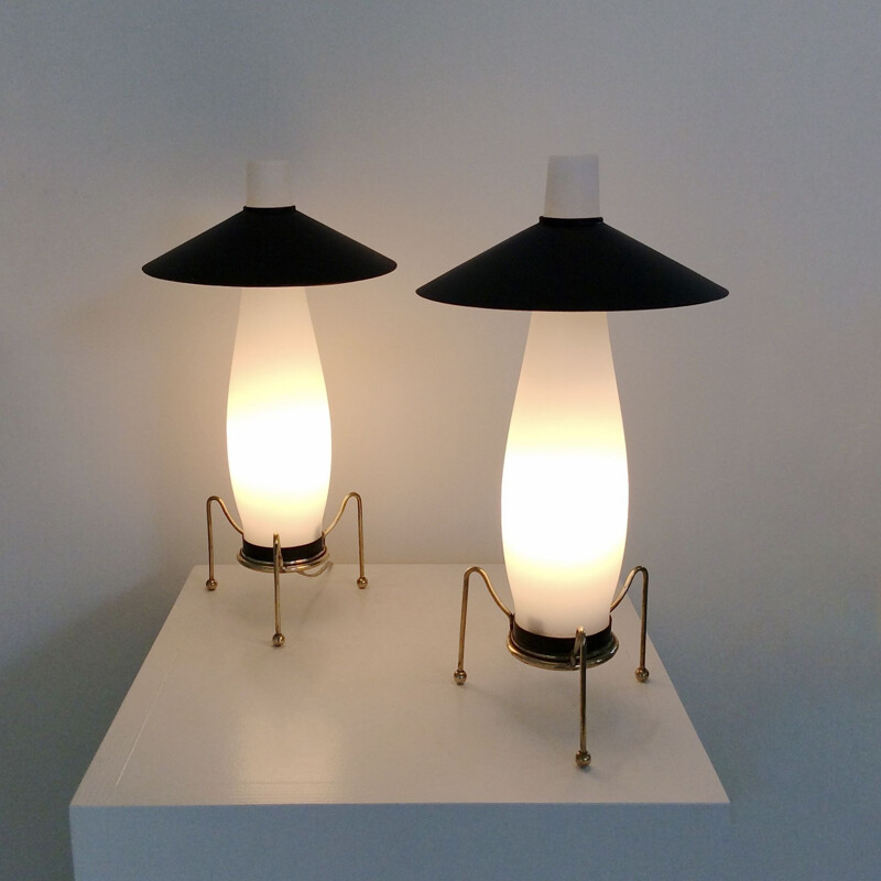 Pair of vintage opaline night stand lamps, Italy 1950