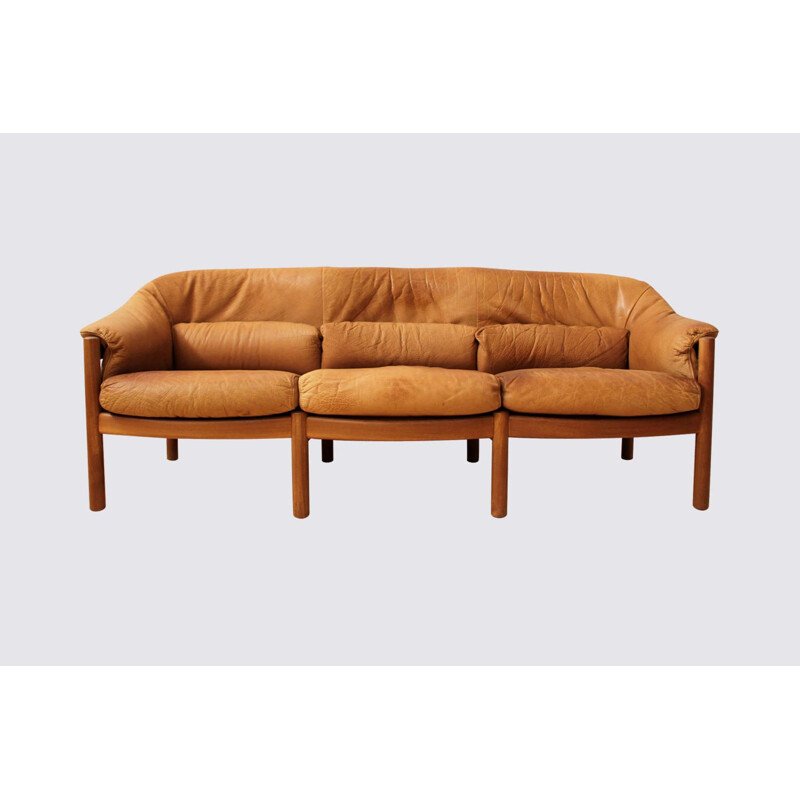 Vintage teak and leather 3 seater sofa in cognac color by Svend Skipper