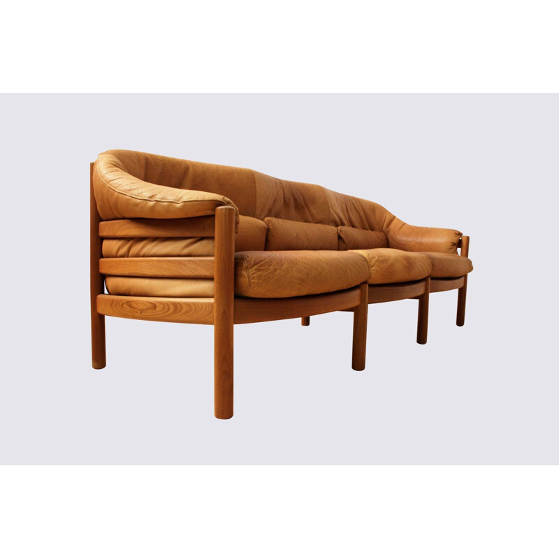 Vintage teak and leather 3 seater sofa in cognac color by Svend Skipper